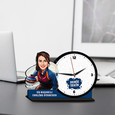 Kadın Curling Oyuncusu Karikatürlü MDF Masa Saati - 1