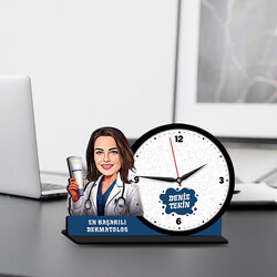 Kadın Dermotolog Karikatürlü MDF Masa Saati