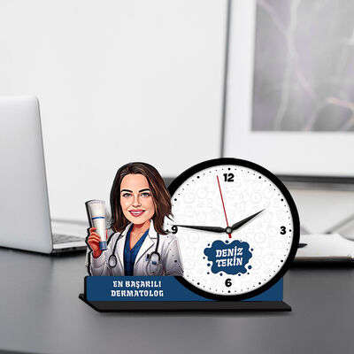 Kadın Dermotolog Karikatürlü MDF Masa Saati - 1
