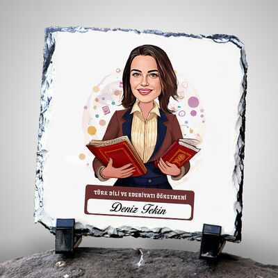 Kadın Edebiyat Öğretmeni Temalı Karikatürlü Taş - 1