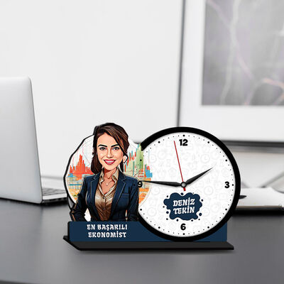 Kadın Ekonomist Karikatürlü MDF Masa Saati - 1