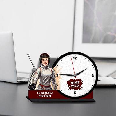Kadın Eskrimci Karikatürlü MDF Masa Saati - 1