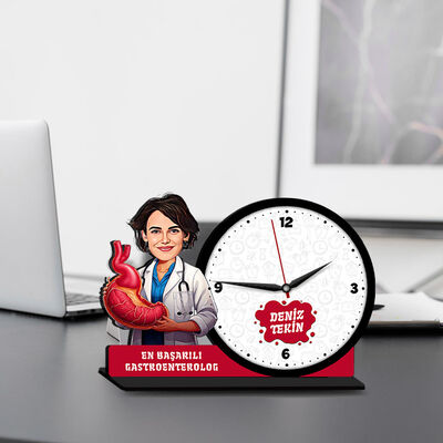 Kadın Gastroenterolog Karikatürlü MDF Masa Saati - 1
