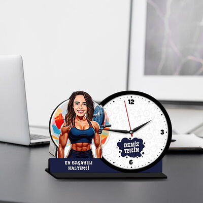 Kadın Halterci Karikatürlü MDF Masa Saati - 1