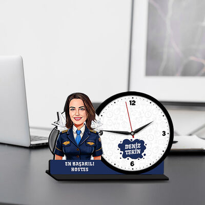 Kadın Hostes Karikatürlü MDF Masa Saati - 1