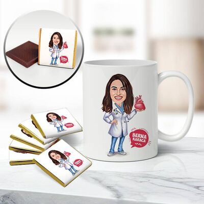 Kadın Kalp Doktoru Karikatürlü Kupa ve Çikolata - 1