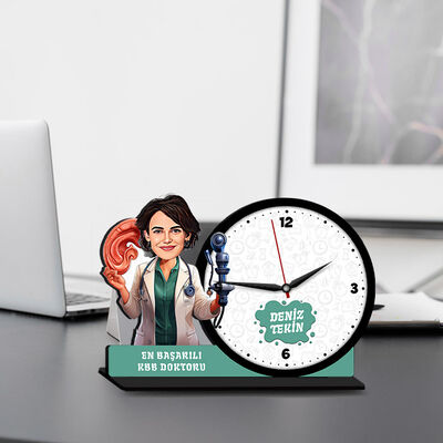 Kadın KBB Doktoru Karikatürlü MDF Masa Saati - 1