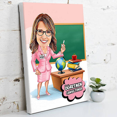 Kadın Öğretmen Karikatürlü Kanvas Tablo - 1
