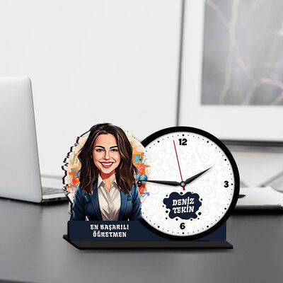 Kadın Öğretmen Karikatürlü MDF Masa Saati - 1