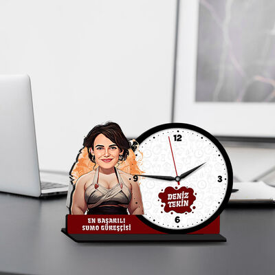 Kadın Sumo Güreşçisi Karikatürlü MDF Masa Saati - 1