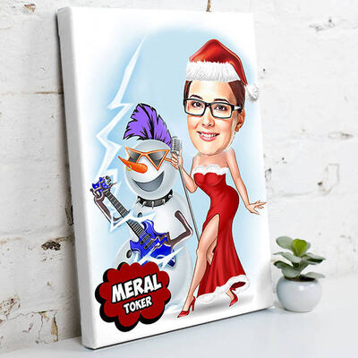 Kadına Yılbaşı Partisi Karikatürlü Kanvas Tablo - 1