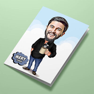 Kahve İçen Erkek Karikatürlü Tebrik Kartı - 1