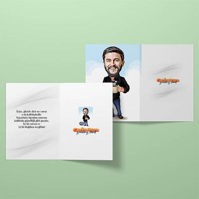 Kahve İçen Erkek Karikatürlü Tebrik Kartı - 2