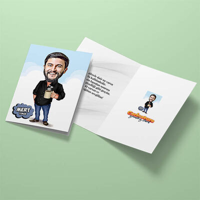 Kahve İçen Erkek Karikatürlü Tebrik Kartı - 3