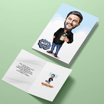 Kahve İçen Erkek Karikatürlü Tebrik Kartı - 4