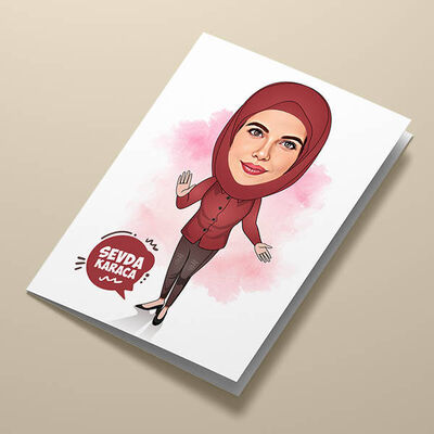 Kahverengi Başörtülü Kadın Karikatürlü Tebrik Kartı - 1