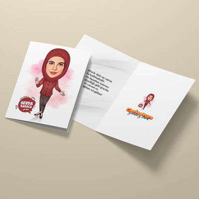 Kahverengi Başörtülü Kadın Karikatürlü Tebrik Kartı - 3