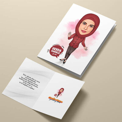 Kahverengi Başörtülü Kadın Karikatürlü Tebrik Kartı - 4