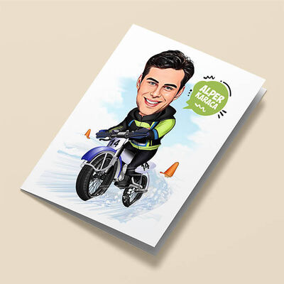 Karda Bisiklet Keyfi Karikatürlü Tebrik Kartı - 1