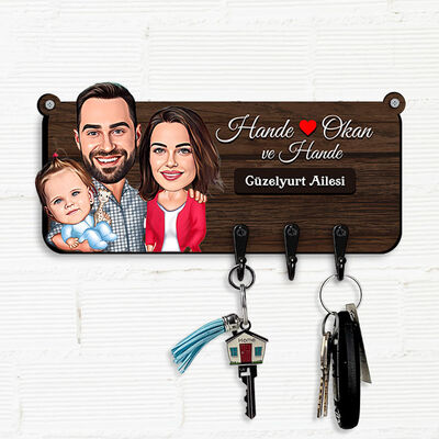 Karı Koca ve Kız Çocuğu Karikatürlü Anahtar Askısı - 1
