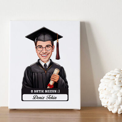 Karikatürlü Diplomalı Erkek Üniversiteli Öğrenci Kanvas Tablo - 1