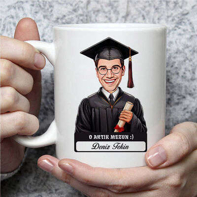 Karikatürlü Diplomalı Erkek Üniversiteli Öğrenci Kupa Bardak - 1