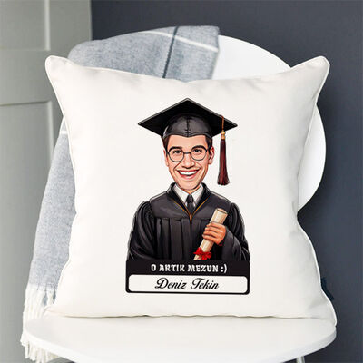 Karikatürlü Diplomalı Erkek Üniversiteli Öğrenci Yastık - 1