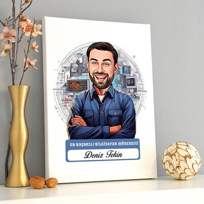 Karikatürlü En Başarılı Erkek Bilgisayar Mühendisi Kanvas Tablo - 2