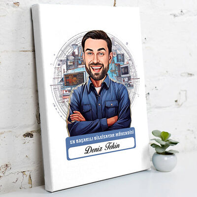 Karikatürlü En Başarılı Erkek Bilgisayar Mühendisi Kanvas Tablo - 1