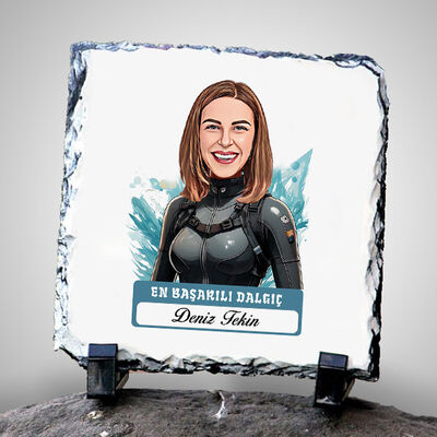 Karikatürlü En Başarılı Kadın Dalgıç Dekoratif Taş - 1