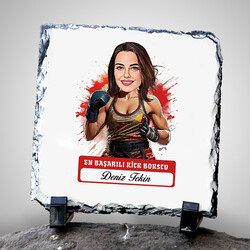 Karikatürlü En Başarılı Kadın Kick Boksçu Dekoratif Taş