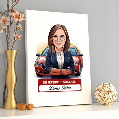 Karikatürlü En Başarılı Kadın Oto Galerici Kanvas Tablo - 2
