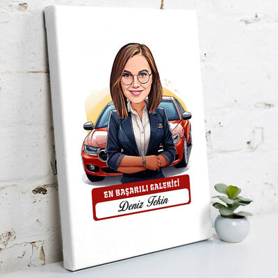 Karikatürlü En Başarılı Kadın Oto Galerici Kanvas Tablo - 1