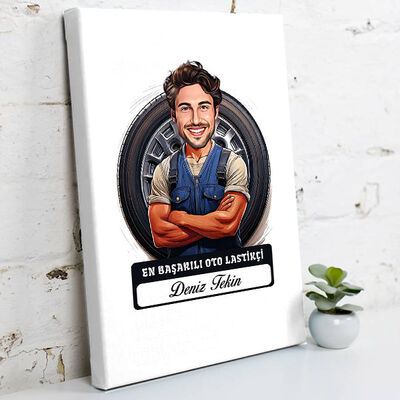 Karikatürlü En Başarılı Oto Lastikçi Kanvas Tablo - 1