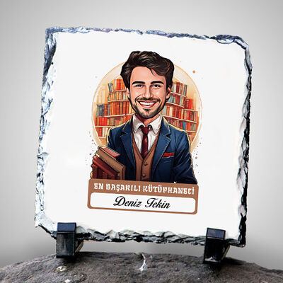 Karikatürlü En İyi Erkek Kütüphaneci Dekoratif Taş - 1