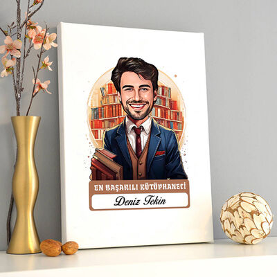 Karikatürlü En İyi Erkek Kütüphaneci Kanvas Tablo - 2