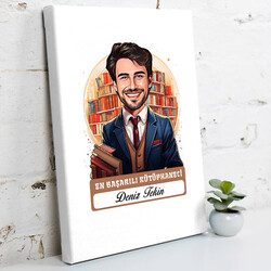 Karikatürlü En İyi Erkek Kütüphaneci Kanvas Tablo - 1