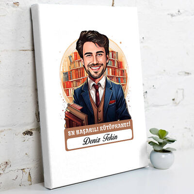 Karikatürlü En İyi Erkek Kütüphaneci Kanvas Tablo - 1