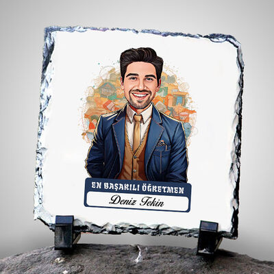 Karikatürlü En İyi Erkek Öğretmen Dekoratif Taş - 1
