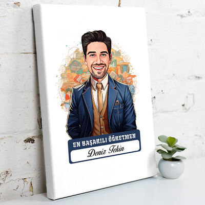 Karikatürlü En İyi Erkek Öğretmen Kanvas Tablo - 1