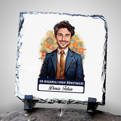 Karikatürlü En İyi Erkek Sınıf Öğretmeni Dekoratif Taş - 1