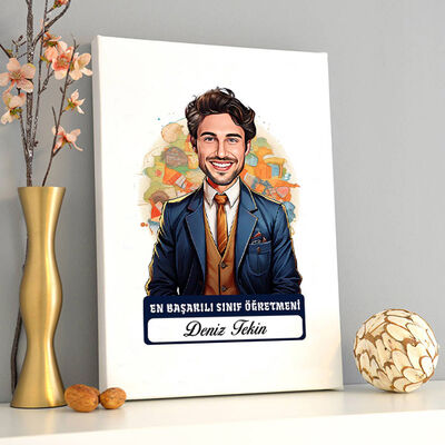 Karikatürlü En İyi Erkek Sınıf Öğretmeni Kanvas Tablo - 2
