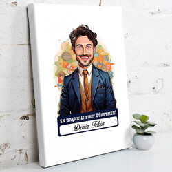 Karikatürlü En İyi Erkek Sınıf Öğretmeni Kanvas Tablo - 1