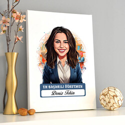 Karikatürlü En İyi Kadın Öğretmen Kanvas Tablo - 2
