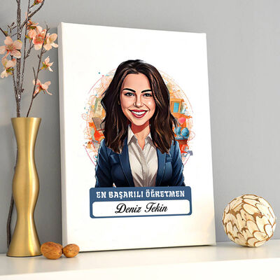 Karikatürlü En İyi Kadın Öğretmen Kanvas Tablo - 2