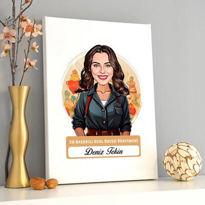 Karikatürlü En İyi Kadın Okul Öncesi Öğretmeni Kanvas Tablo - 2