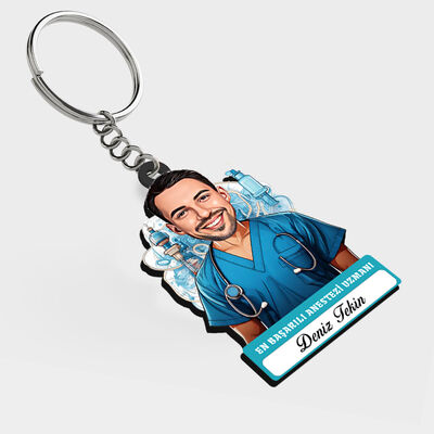 Karikatürlü - Erkek Anestezi Uzmanı İsimli Anahtarlık - 1