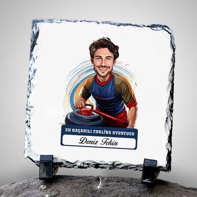 Karikatürlü Erkek Curling Oyuncusu Dekoratif Taş - 1