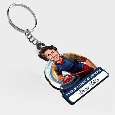 Karikatürlü - Erkek Curling Oyuncusu İsimli Anahtarlık - 1