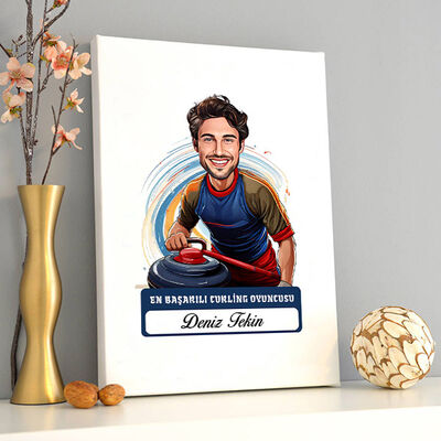 Karikatürlü Erkek Curling Oyuncusu Kanvas Tablo - 2